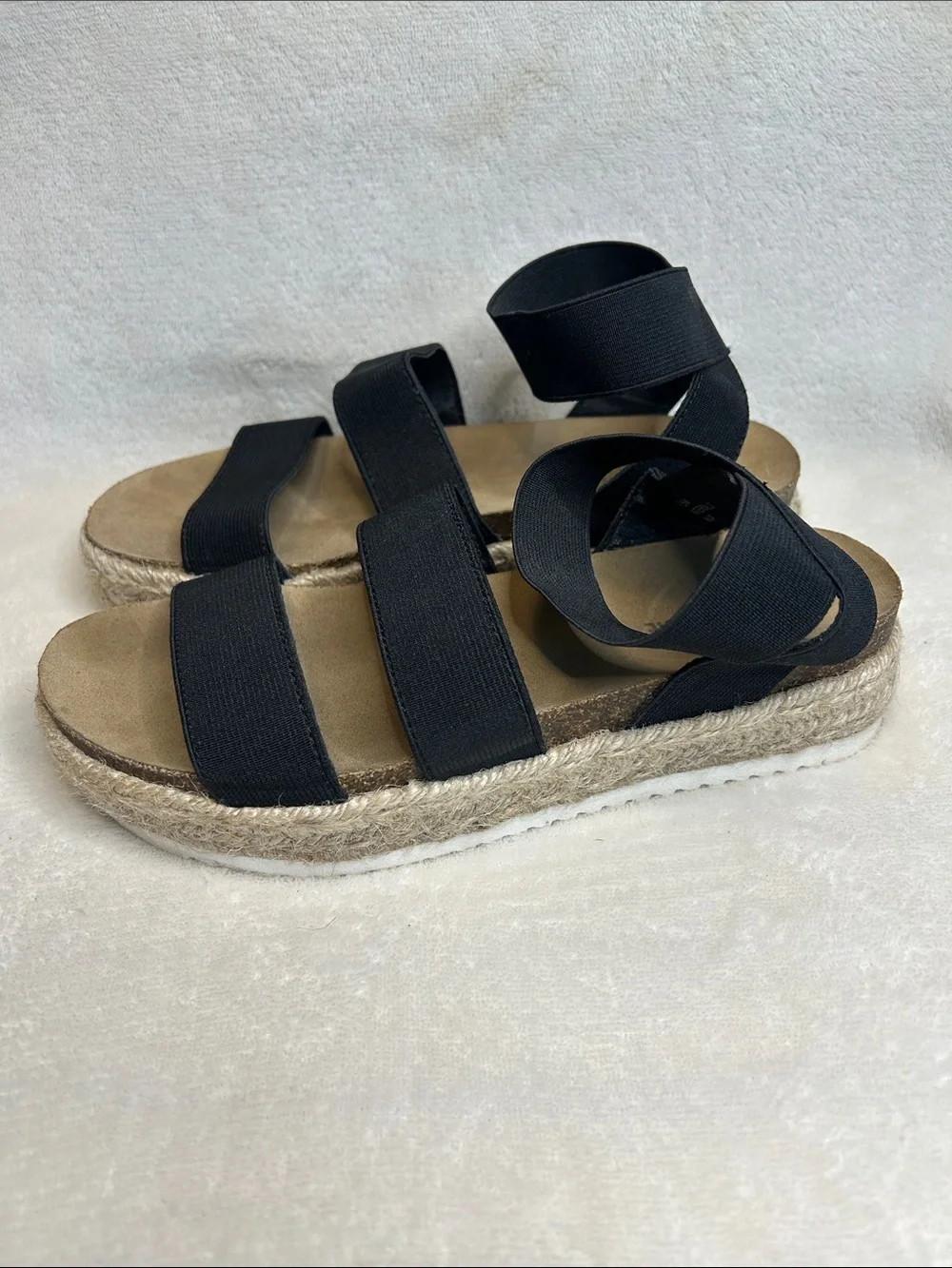 Cushionaire Mandy Black Elastic Strap Jute Espadrille Platform Sandals Women 7.5